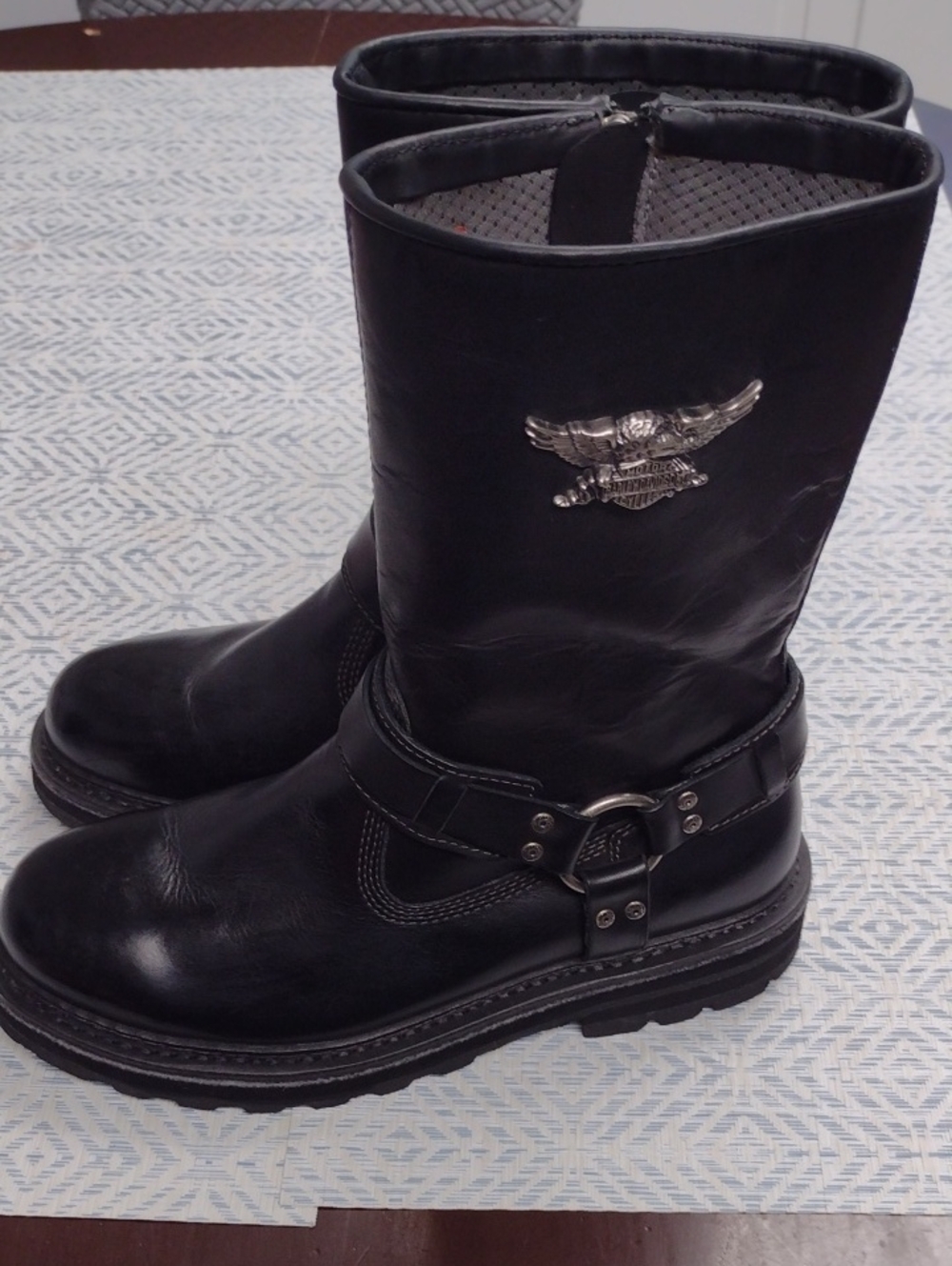 Harley-Davidson Black Leather Harness Riding Boots with Silver Emblem Motorcycle
